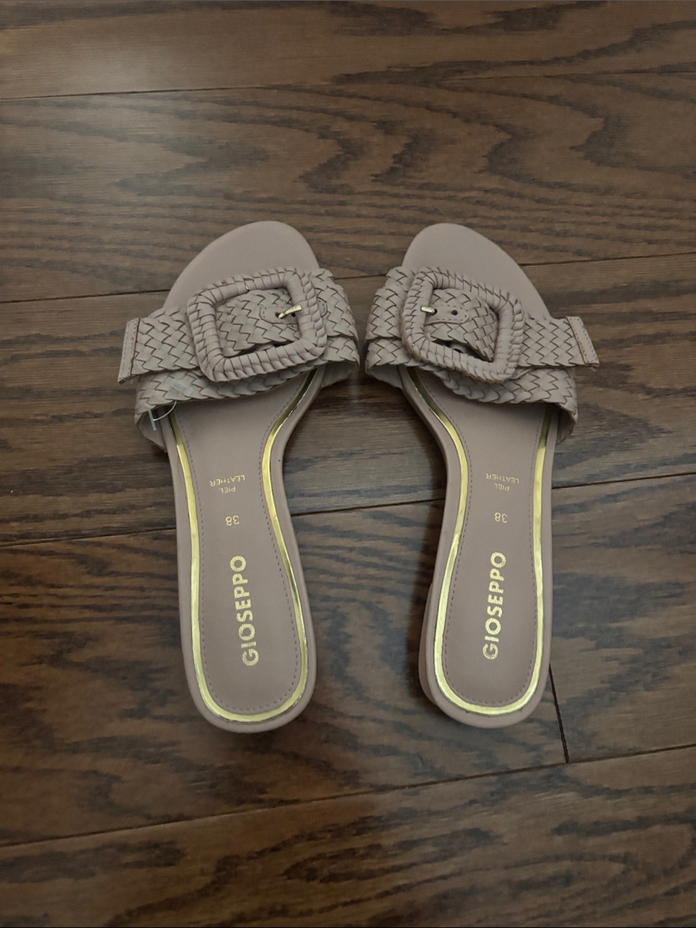 Gioseppo Taupe Braided Buckle Slide Sandals